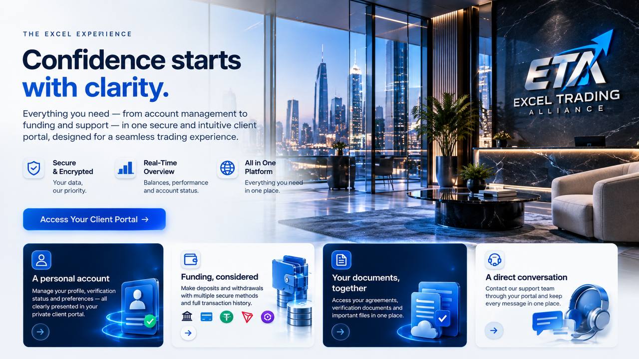 Excel Trading Alliance client experience: Confidence starts with clarity. headline over a modern financial office lobby with the ETA logo on a dark marble wall, three feature badges for secure and encrypted, real-time overview and all in one platform, an Access Your Client Portal button, and four glass feature cards for a personal account, funding considered, your documents together and a direct conversation