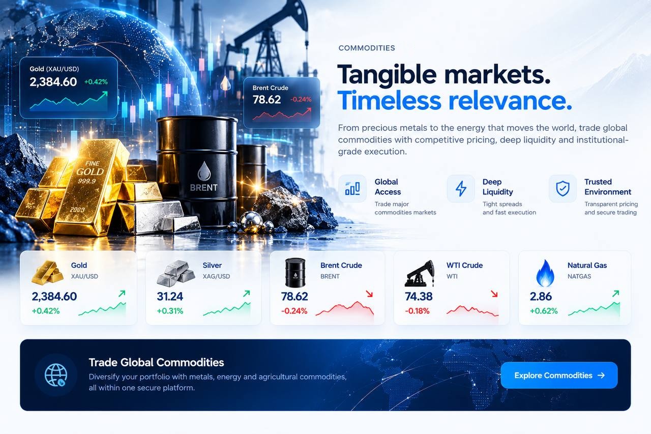 Excel Trading Alliance commodities section: gold bars, an oil barrel and a digital globe beside the Tangible markets headline, five commodity price cards and a Trade Global Commodities banner