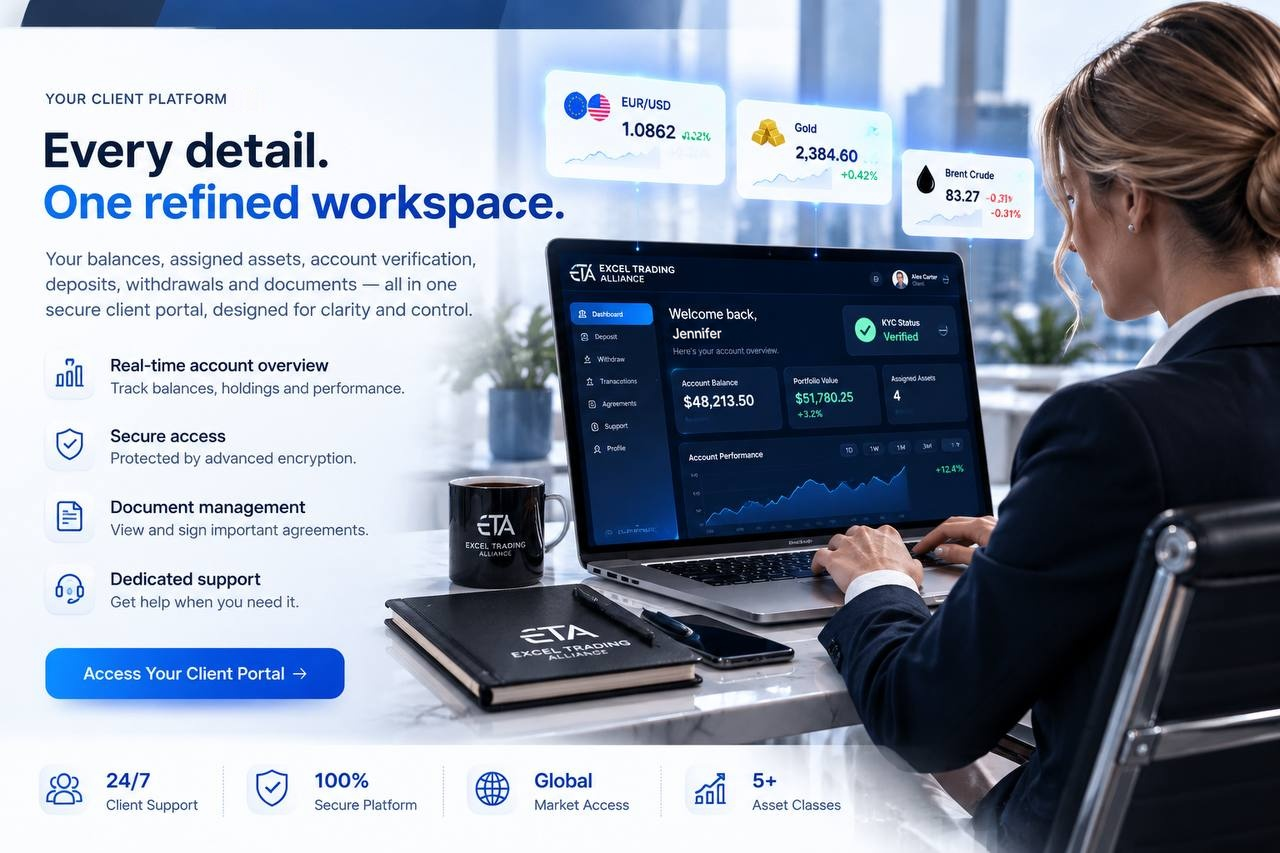 Excel Trading Alliance client portal on a laptop with the sample greeting Welcome back, Jennifer, Forex and commodities cards and a client at her desk
