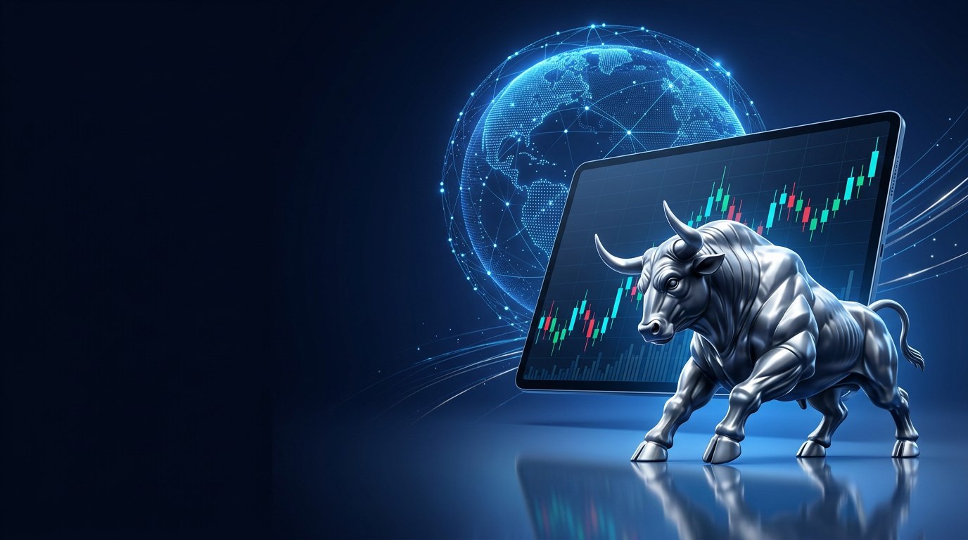 Silver charging bull, floating Forex trading tablet and illuminated global financial network