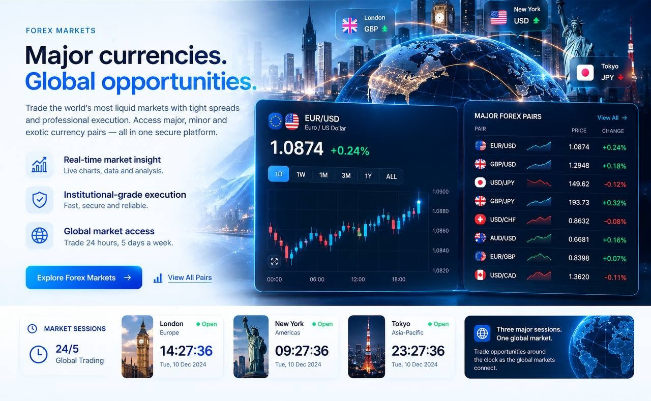 Excel Trading Alliance Forex markets section: Major currencies. Global opportunities. headline, city tags for London, New York and Tokyo, a glowing globe, an EUR/USD demo candlestick chart at 1.0874 +0.24%, a Major Forex Pairs table of eight pairs, and a market sessions strip with London, New York and Tokyo clocks